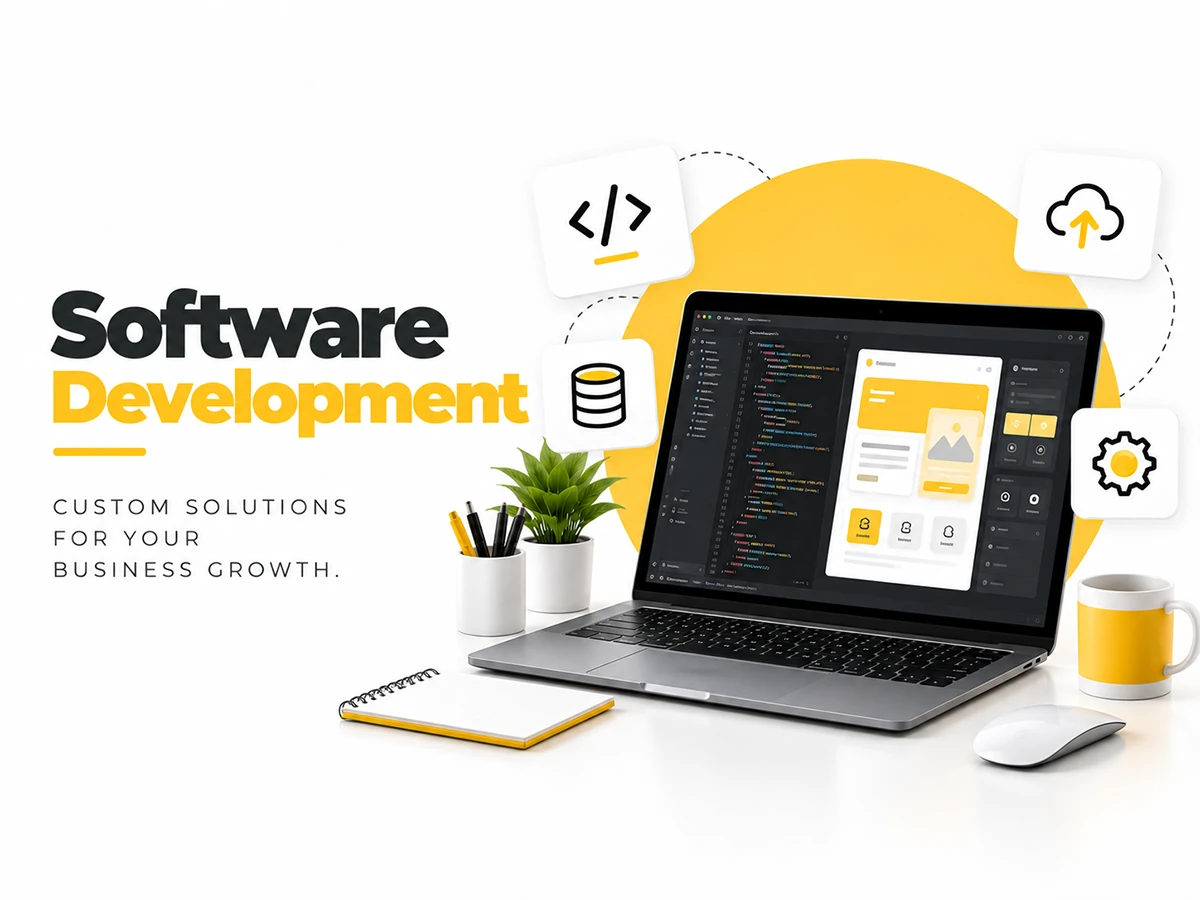 Custom software development featuring programming code and business software dashboard