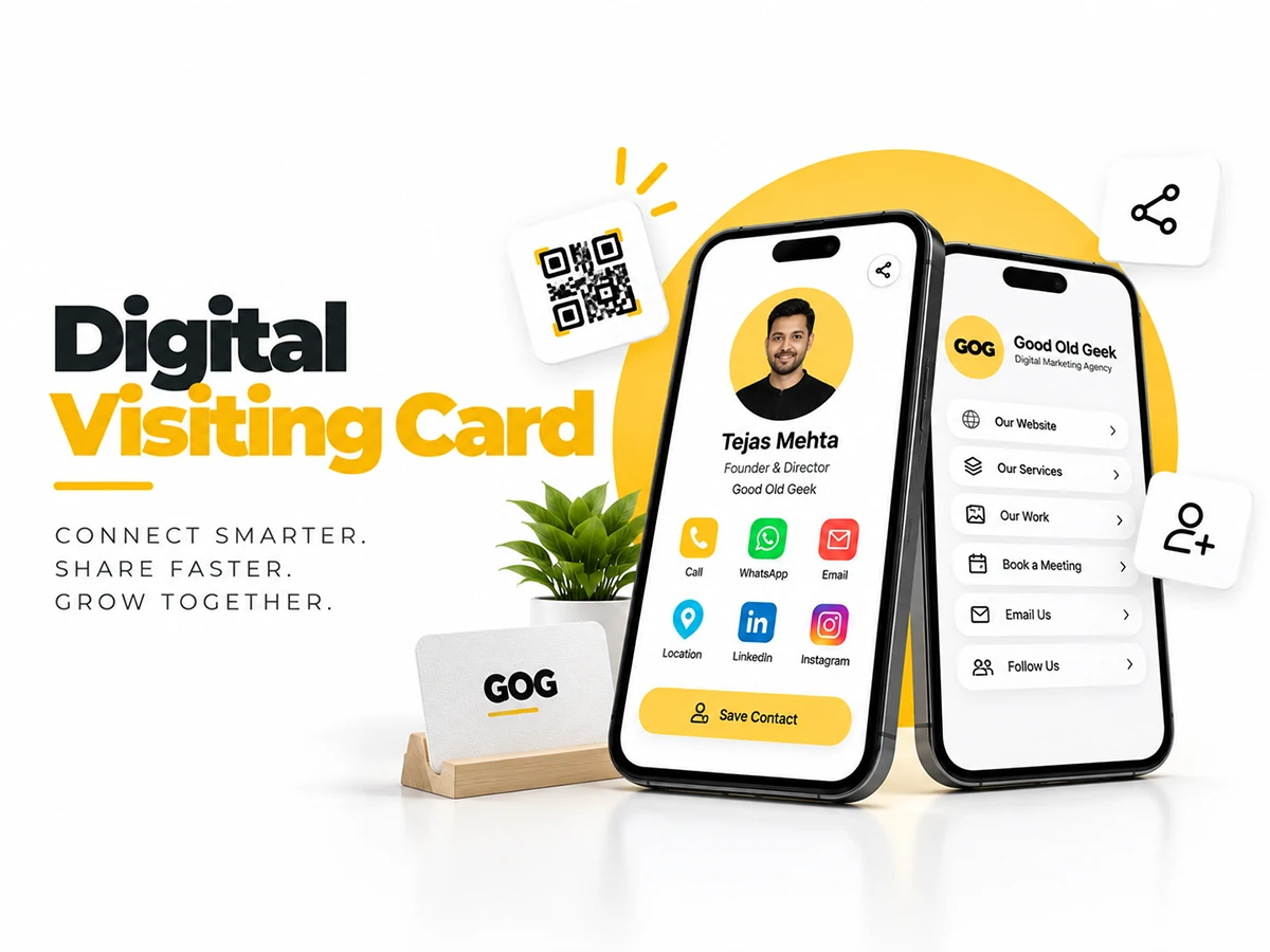 Digital Visiting Card Design – Good Old Geek Digital visiting card design featuring mobile contact sharing and business profile by Good Old Geek