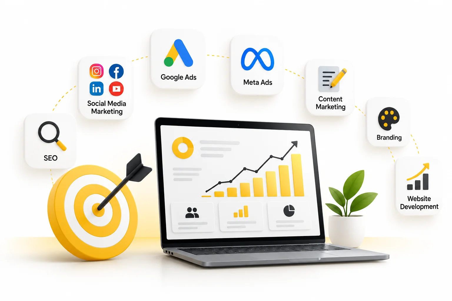 Digital marketing services illustration featuring SEO, social media marketing, Google Ads, Meta Ads, content marketing, branding and website development