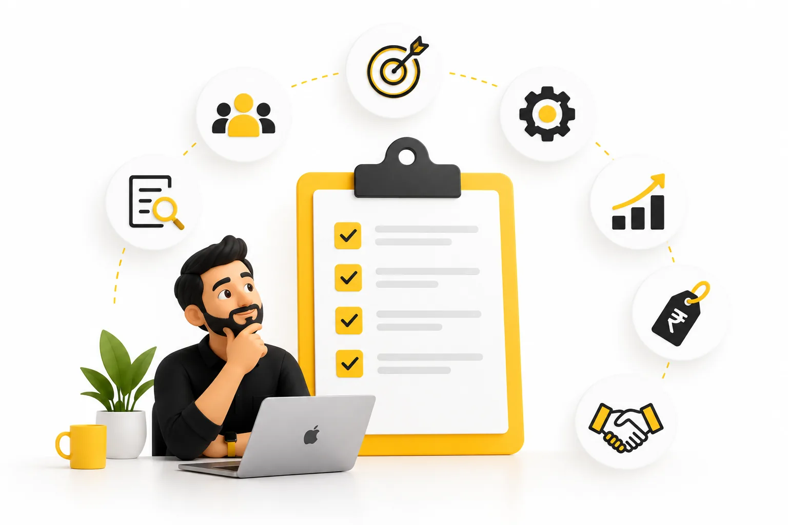 Illustration of a digital marketing agency selection checklist with icons for goals, experience, services, results, pricing and partnerships