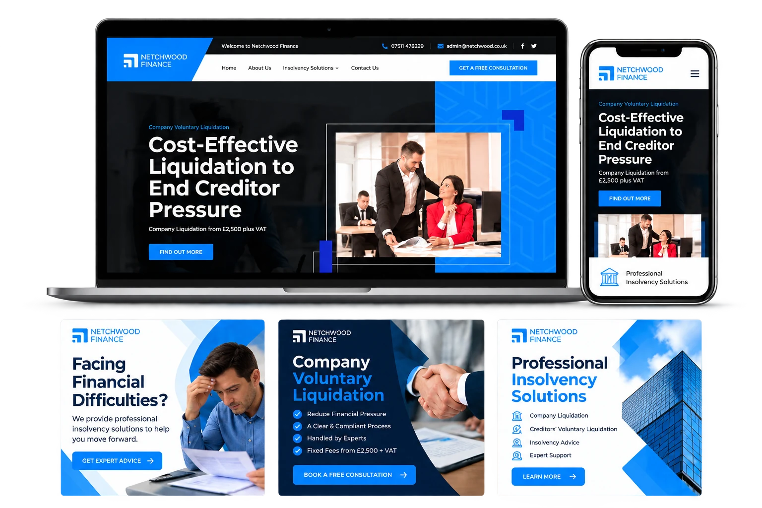 Netchwood Finance – Website Development & Digital Marketing Case Study Netchwood Finance website development and digital marketing case study by Good Old Geek, featuring responsive website mockups and social media creatives.